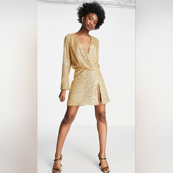 ASOS DESIGN Gold Sequin Plunge Mini Dress - Size 14 - Picture 1 of 9